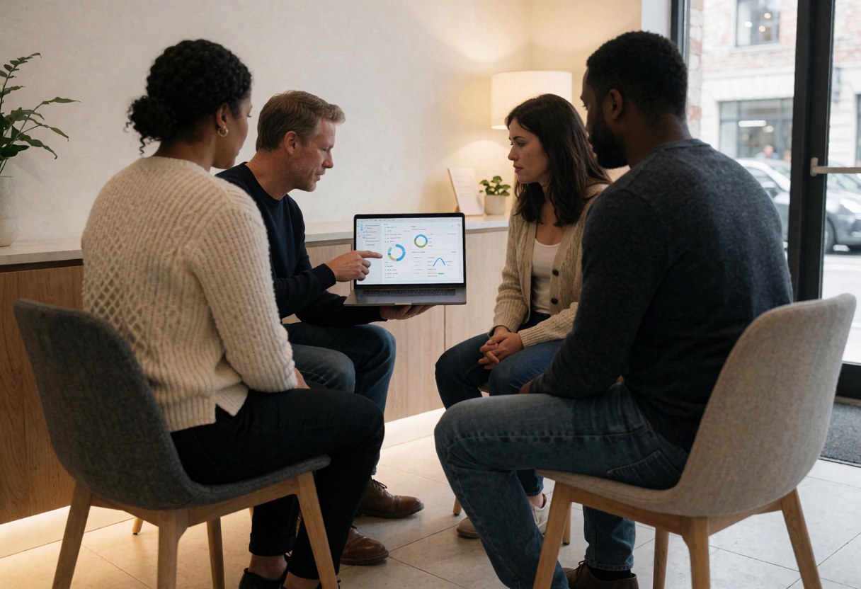 Quatre professionnels en réunion examinent attentivement des informations affichées sur un écran d'ordinateur portable.
