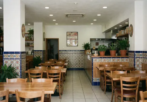 Vue intérieure d'un restaurant montrant des tables en bois, des chaises et des plantes en pot posées sur un comptoir carrelé décoratif.