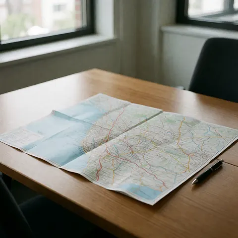 Une carte de voyage ouverte sur une table en bois avec un stylo, dans un bureau lumineux avec des fenêtres.