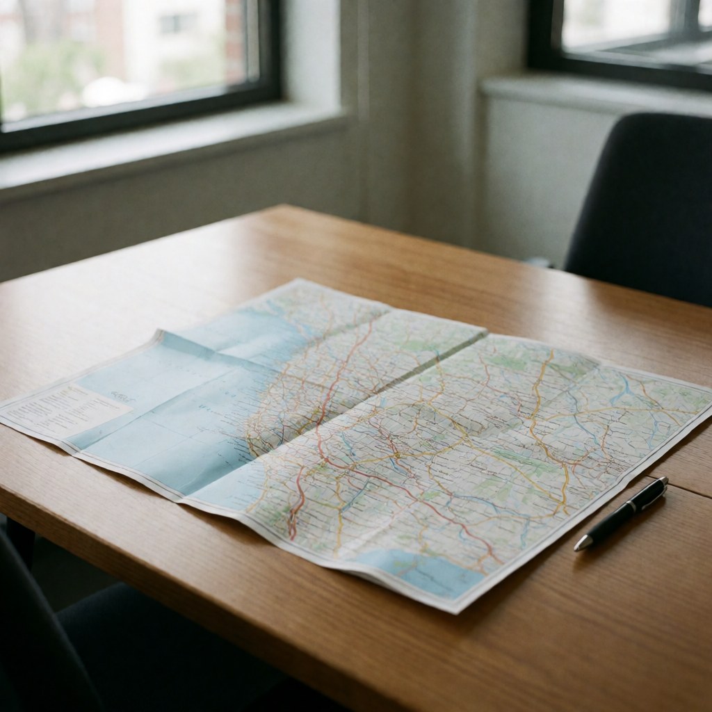 Une carte de voyage ouverte sur une table en bois avec un stylo, dans un bureau lumineux avec des fenêtres.