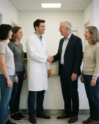 Un médecin et un client échangent un salut pendant que d'autres professionnels observent la scène à l'intérieur de la clinique.