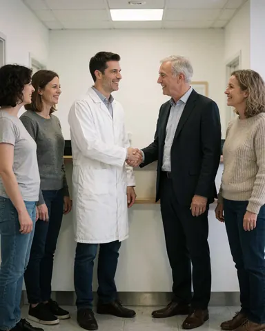 Un médecin et un client échangent un salut pendant que d'autres professionnels observent la scène à l'intérieur de la clinique.