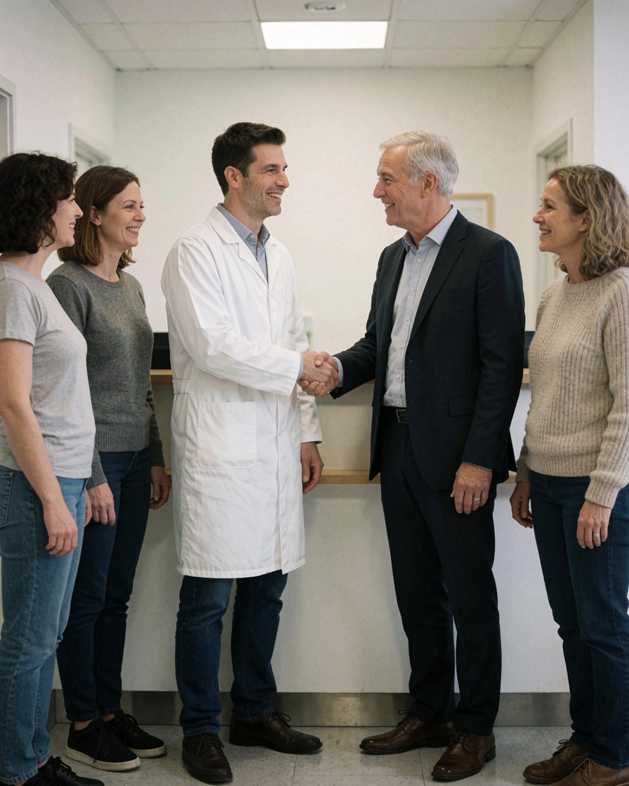 Un médecin et un client échangent un salut pendant que d'autres professionnels observent la scène à l'intérieur de la clinique.
