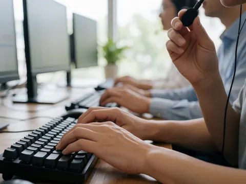 Gros plan de mains tapant sur un clavier tout en tenant un microphone, dans un bureau avec des ordinateurs.