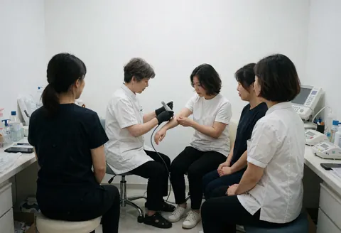 Une esthéticienne applique un soin à l'ultrason sur le bras d'une cliente tandis que d'autres professionnelles observent la procédure dans un cadre clinique.
