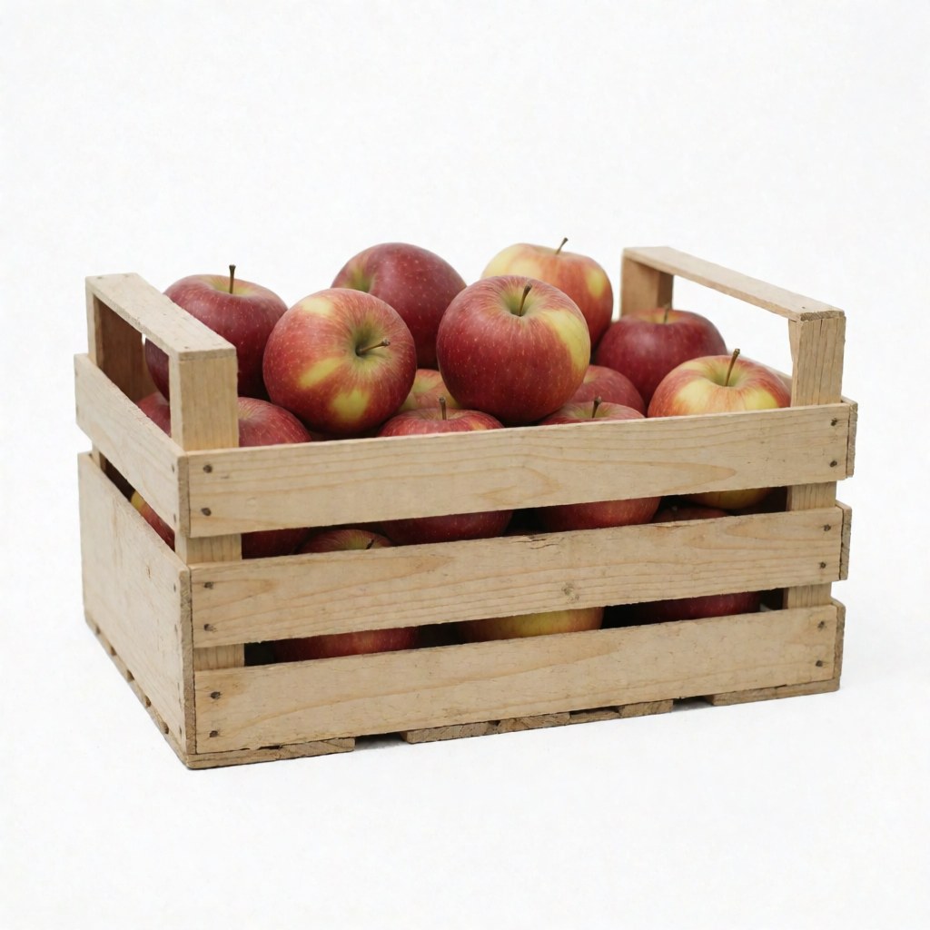 Une caisse en bois remplie de pommes rouges brillantes posée sur un fond blanc uni.