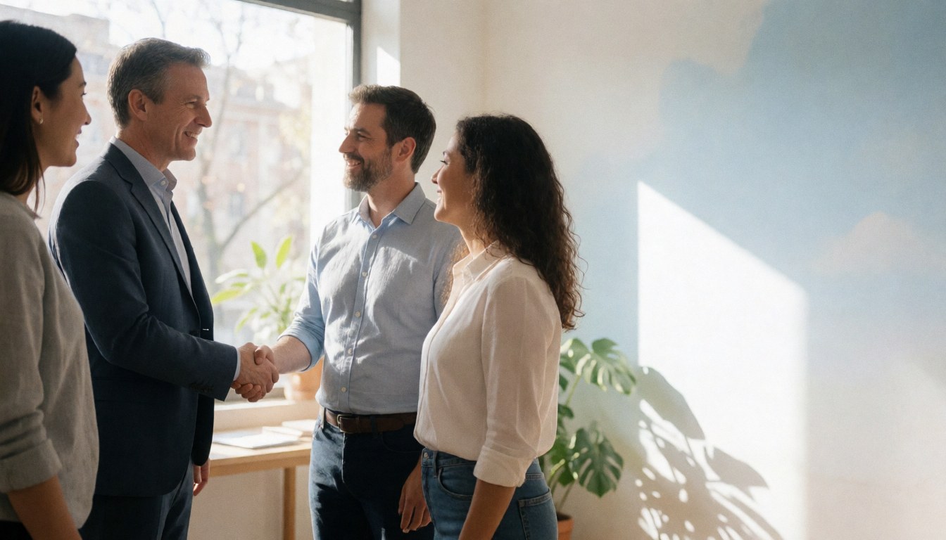 Quatre professionnels souriants dans un bureau lumineux avec des plantes. Deux hommes se serrent la main pendant que deux autres observent la scène.