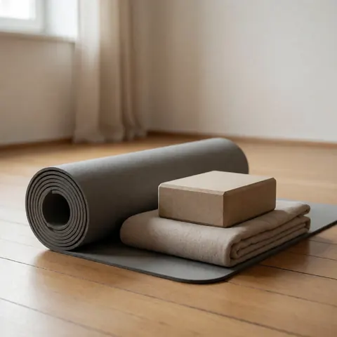 Un tapis de yoga enroulé posé sur un bloc de yoga, le tout reposant sur un tapis plié dans un studio au sol en bois.