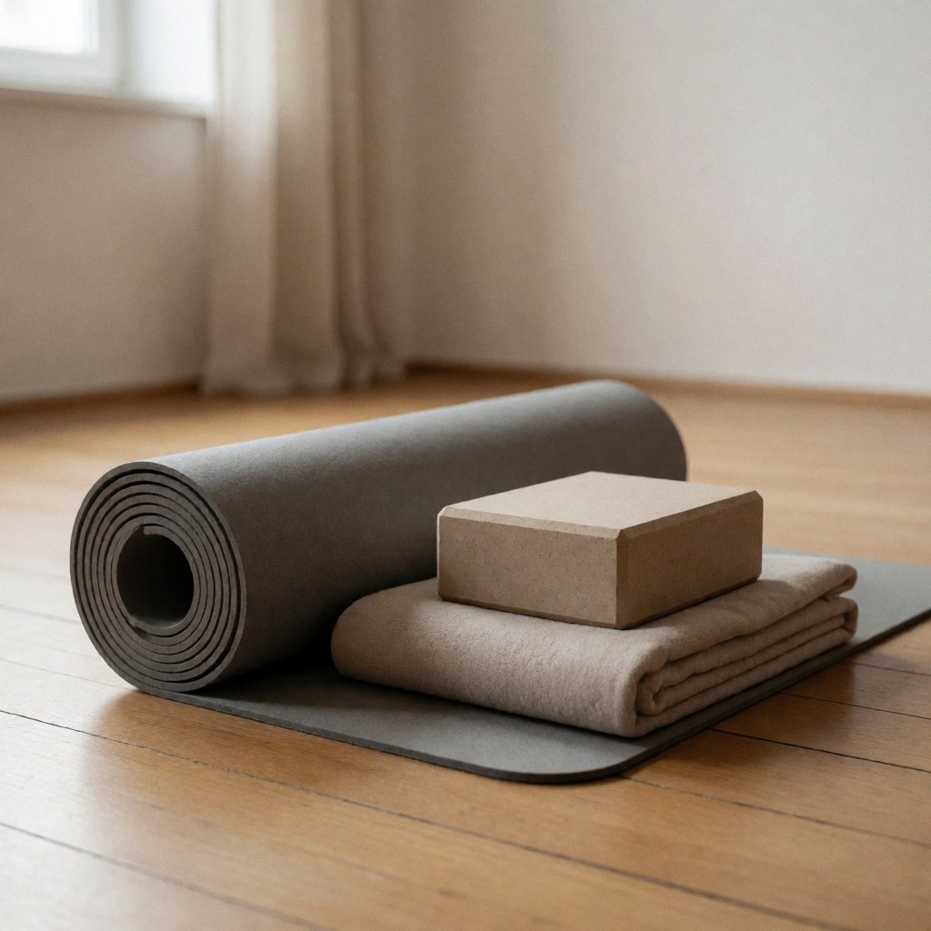Un tapis de yoga enroulé posé sur un bloc de yoga, le tout reposant sur un tapis plié dans un studio au sol en bois.