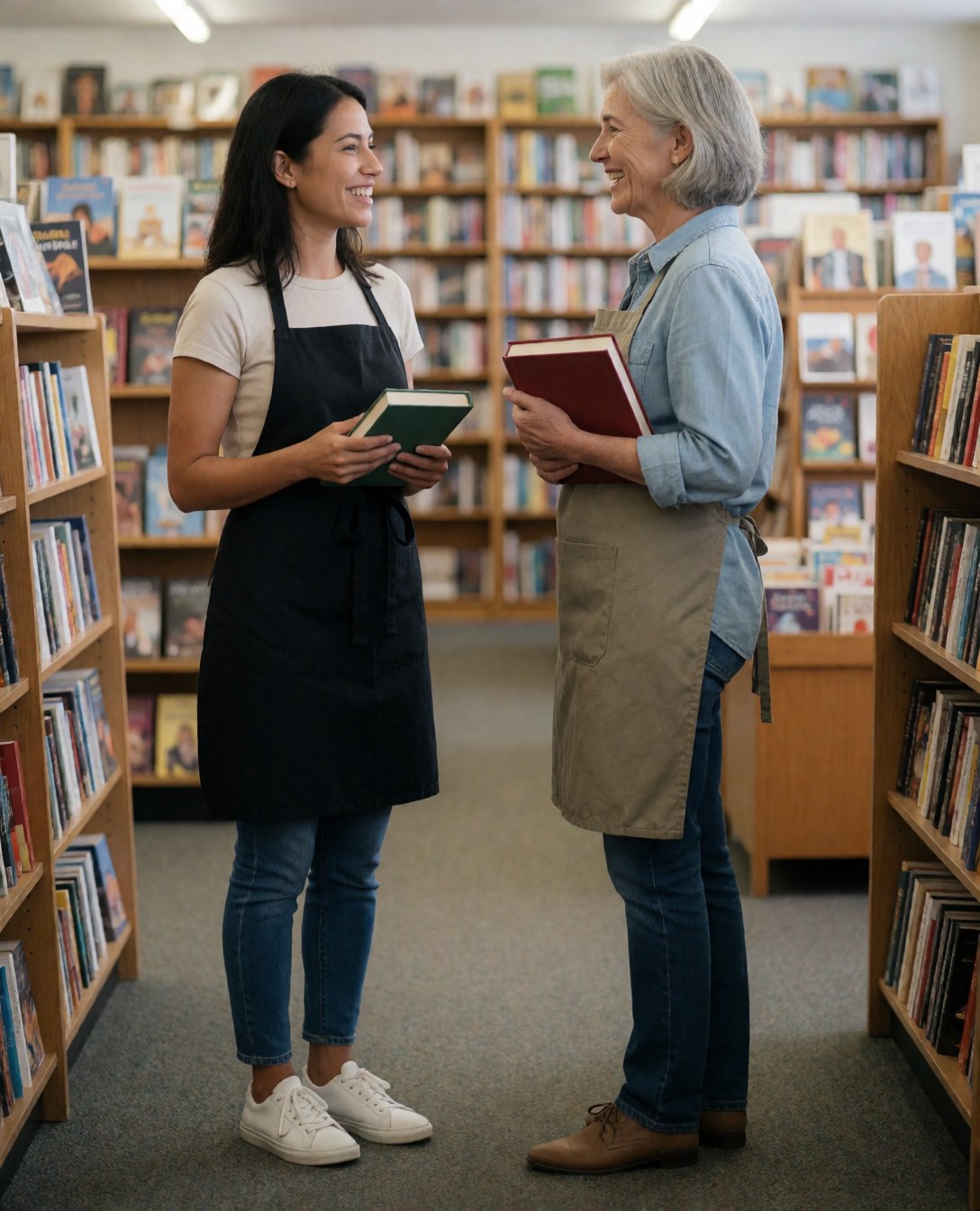 Deux vendeuses souriantes dans une librairie, l'une tenant un livre vert et l'autre un livre rouge, toutes deux portant des tabliers et en conversation.