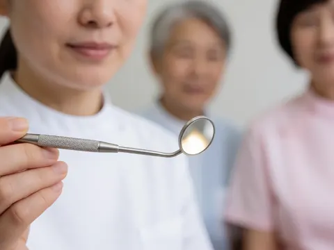 Une dentiste professionnelle tient un miroir intraoral tandis que deux patients attendent dans une clinique dentaire.
