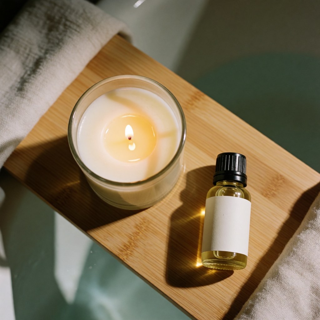 Une bougie allumée et un flacon d'huile essentielle posés sur une planche en bois dans une salle de bain.