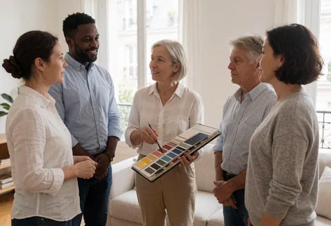 Une designer montre une palette de couleurs à quatre clients dans un salon moderne.