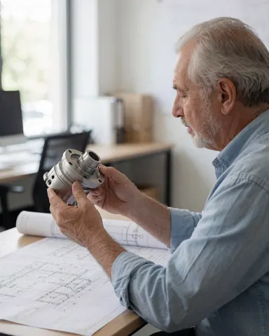 Un homme mature examine attentivement une pièce métallique posée sur une table où sont disposés des plans techniques dans un bureau.