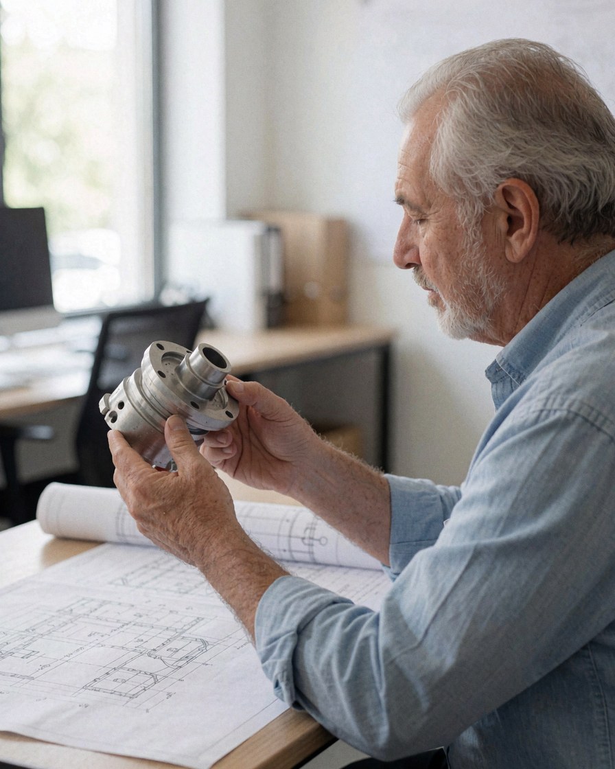 Un homme mature examine attentivement une pièce métallique posée sur une table où sont disposés des plans techniques dans un bureau.