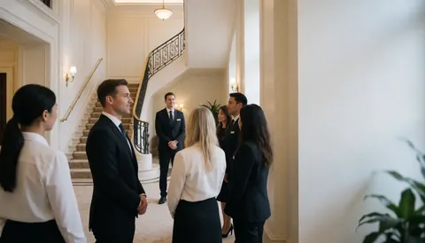 Employés professionnels accueillant des clients dans un hall luxueux aux lumières chaudes et aux escaliers élégants.