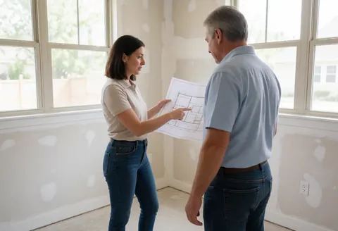 A man and a woman review a construction blueprint in a room with freshly painted walls.