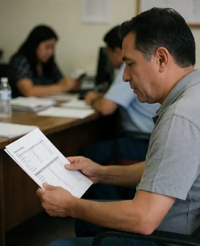 Un homme examine un document sur un bureau tandis que d'autres collègues travaillent en arrière-plan.