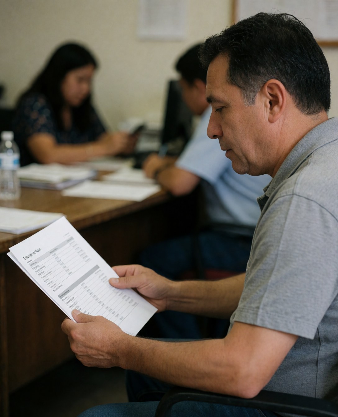 Un homme examine un document sur un bureau tandis que d'autres collègues travaillent en arrière-plan.