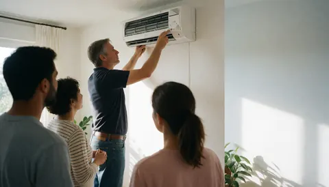 Un technicien installe une unité de climatisation sur un mur blanc pendant qu'une famille observe la scène.