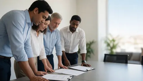 Quatre personnes penchées sur une table d'office pour examiner ensemble des papiers et des dossiers.