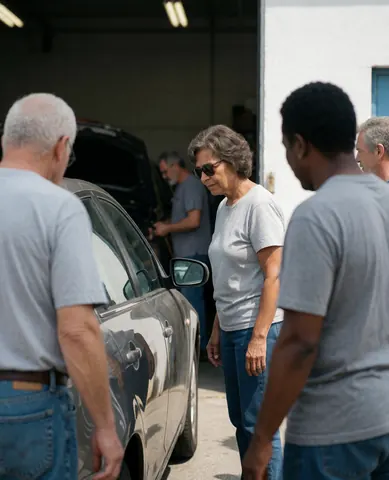 Une femme portant des lunettes de soleil examine sa voiture accompagnée de mécaniciens dans un garage automobile.