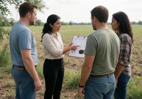 Un consultant agricole présente un échantillon de sol à trois agriculteurs dans un champ ouvert, illustrant une consultation professionnelle.