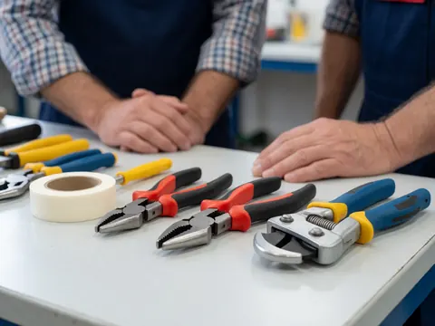 Vue détaillée d'outils de plomberie professionnels posés sur une surface blanche dans un atelier.
