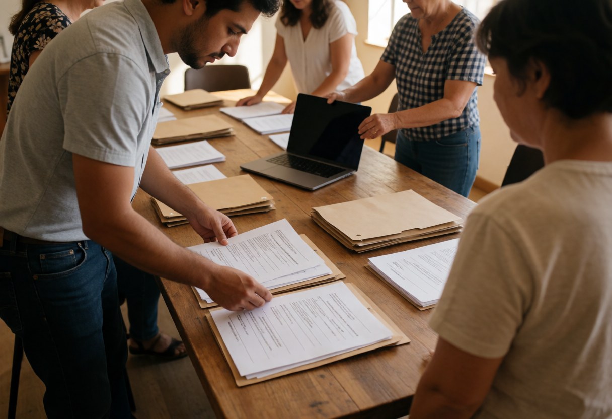 Une personne trie des papiers sur un bureau en bois tandis que d'autres collaborateurs observent et travaillent à proximité dans un environnement professionnel.