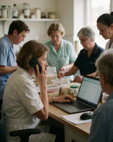 Une nutritionniste parle au téléphone tout en travaillant sur un ordinateur portable, entourée de collègues et de contenants alimentaires.