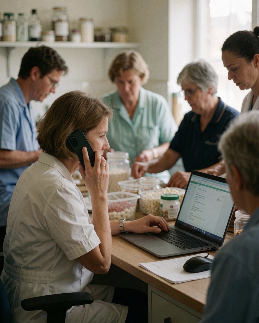 Une nutritionniste parle au téléphone tout en travaillant sur un ordinateur portable, entourée de collègues et de contenants alimentaires.