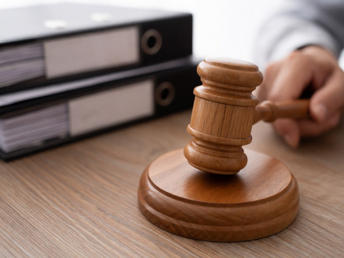 Marteau de juge posé sur un bureau avec des dossiers juridiques et la main d'un avocat en arrière-plan.