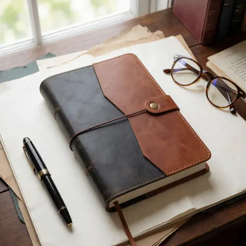 Un cahier en cuir posé sur une table en bois accompagné d'une plume, de lunettes, de livres anciens et de papiers.
