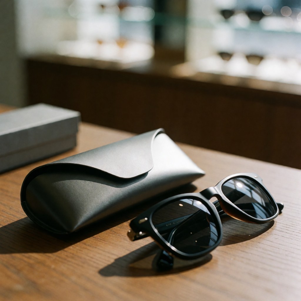 Paire de lunettes de soleil noires posée sur un étui noir, le tout disposé sur une table en bois clair dans un magasin d'optique avec des vitrines en arrière-plan.