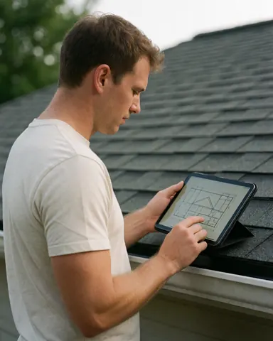Un homme jeune debout sur un toit en tuiles examine des plans techniques affichés sur une tablette numérique.