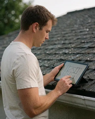 Un homme jeune debout sur un toit en tuiles examine des plans techniques affichés sur une tablette numérique.