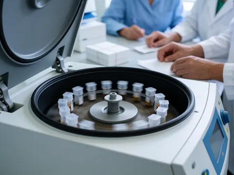 Une centrifugeuse tourne avec des tubes contenant des échantillons biologiques, tandis que du personnel soignant travaille en arrière-plan dans un environnement médical professionnel.