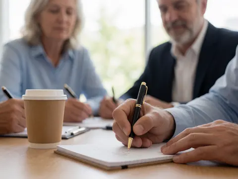 Des mains prennent des notes sur des carnets pendant une réunion professionnelle, avec une tasse de café posée sur la table.