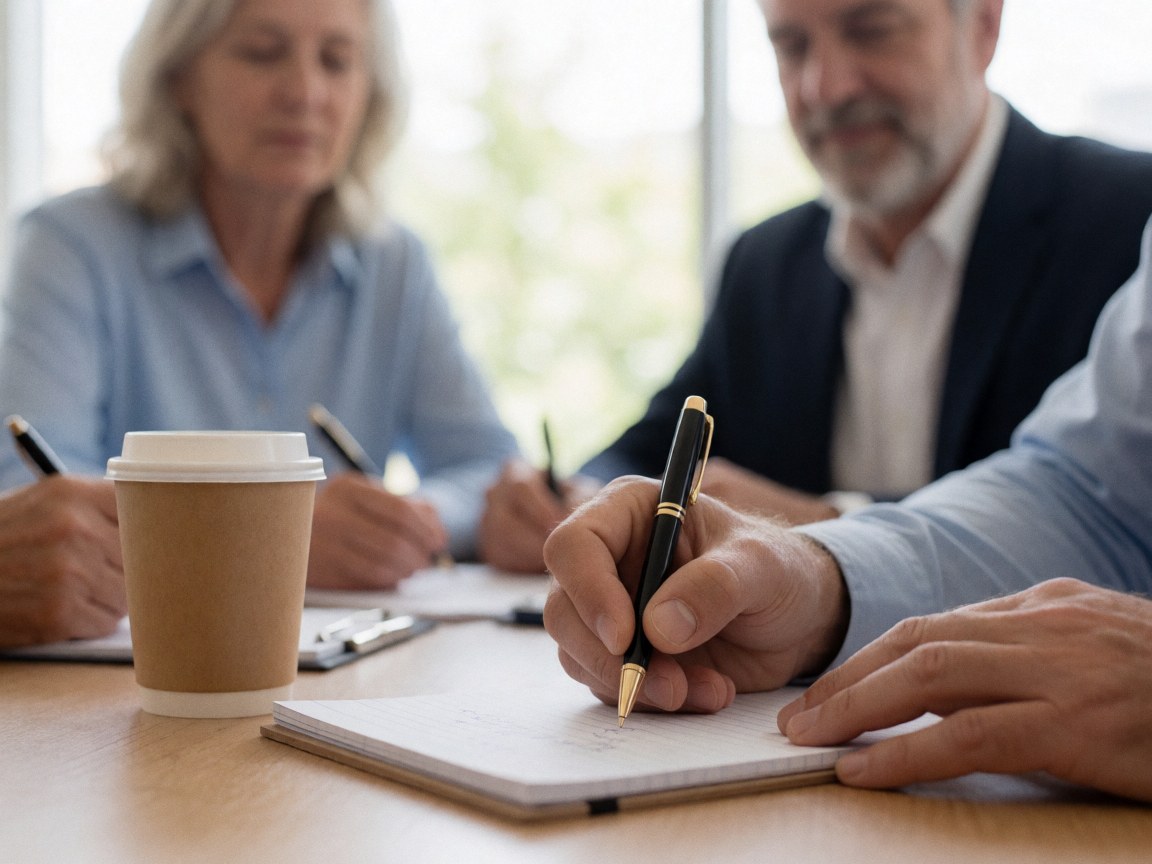 Des mains prennent des notes sur des carnets pendant une réunion professionnelle, avec une tasse de café posée sur la table.