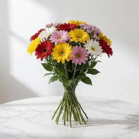 Bouquet de gerberas multicolores posé sur un comptoir en marbre blanc, éclairé par une lumière naturelle douce.