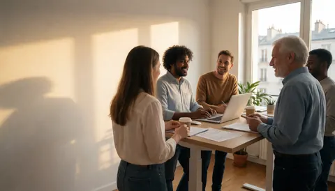 Des professionnels du marketing discutent lors d'une réunion à une table remplie de documents et d'un ordinateur, baignés par la lumière dorée.