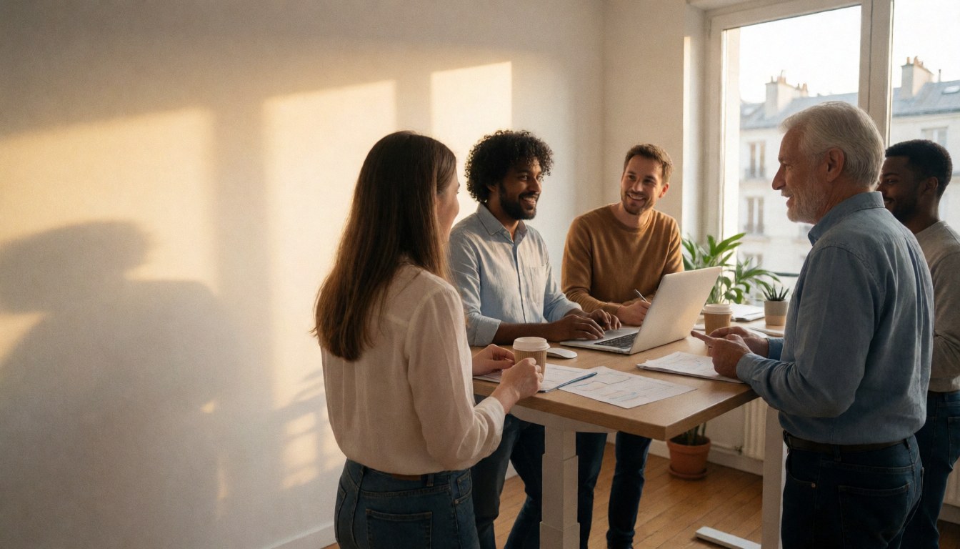 Des professionnels du marketing discutent lors d'une réunion à une table remplie de documents et d'un ordinateur, baignés par la lumière dorée.