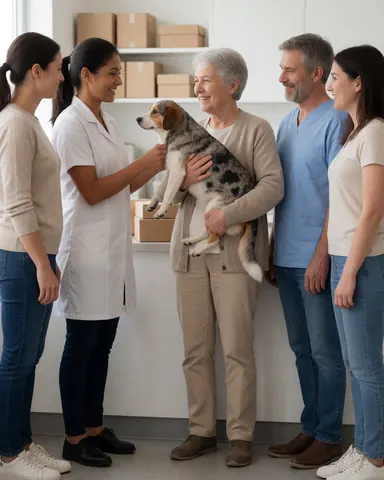 Une cliente âgée tient son chien pendant qu'un professionnel de la clinique vétérinaire lui apporte une attention bienveillante.