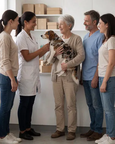 Une cliente âgée tient son chien pendant qu'un professionnel de la clinique vétérinaire lui apporte une attention bienveillante.