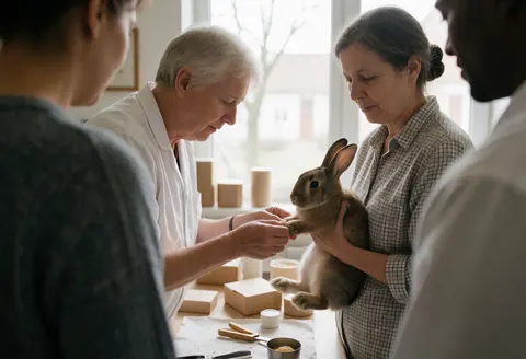 Un vétérinaire examine un lapin pendant que la propriétaire le tient dans une clinique vétérinaire.
