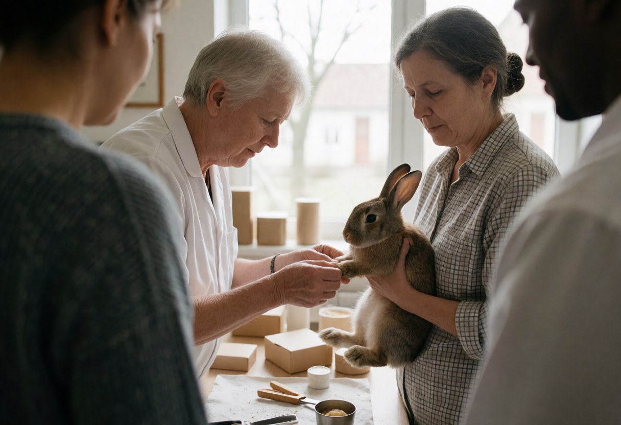 Un vétérinaire examine un lapin pendant que la propriétaire le tient dans une clinique vétérinaire.