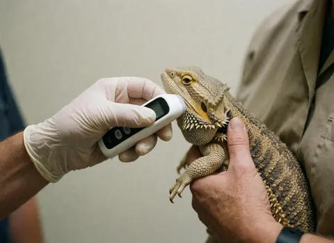 Une main gantée tient un thermomètre infrarouge pointé vers un lézard tenu par une autre main dans un contexte vétérinaire.