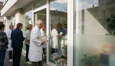 Un pharmacien en blouse blanche accueille des clients devant une pharmacie avec une vitrine de produits.