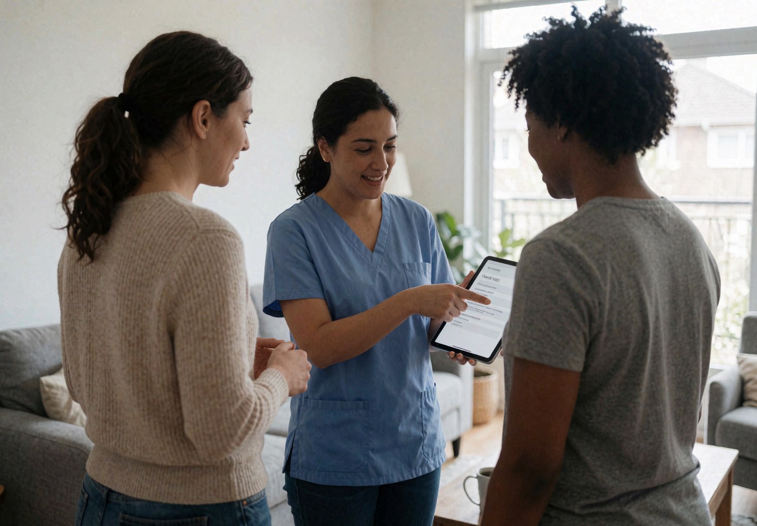 Une vétérinaire en uniforme bleu montre des résultats sur une tablette à deux clientes dans un salon.