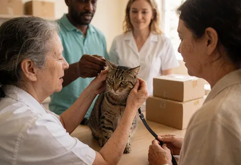 Une vétérinaire examine un chat pendant que son propriétaire le tient sur une table de consultation.